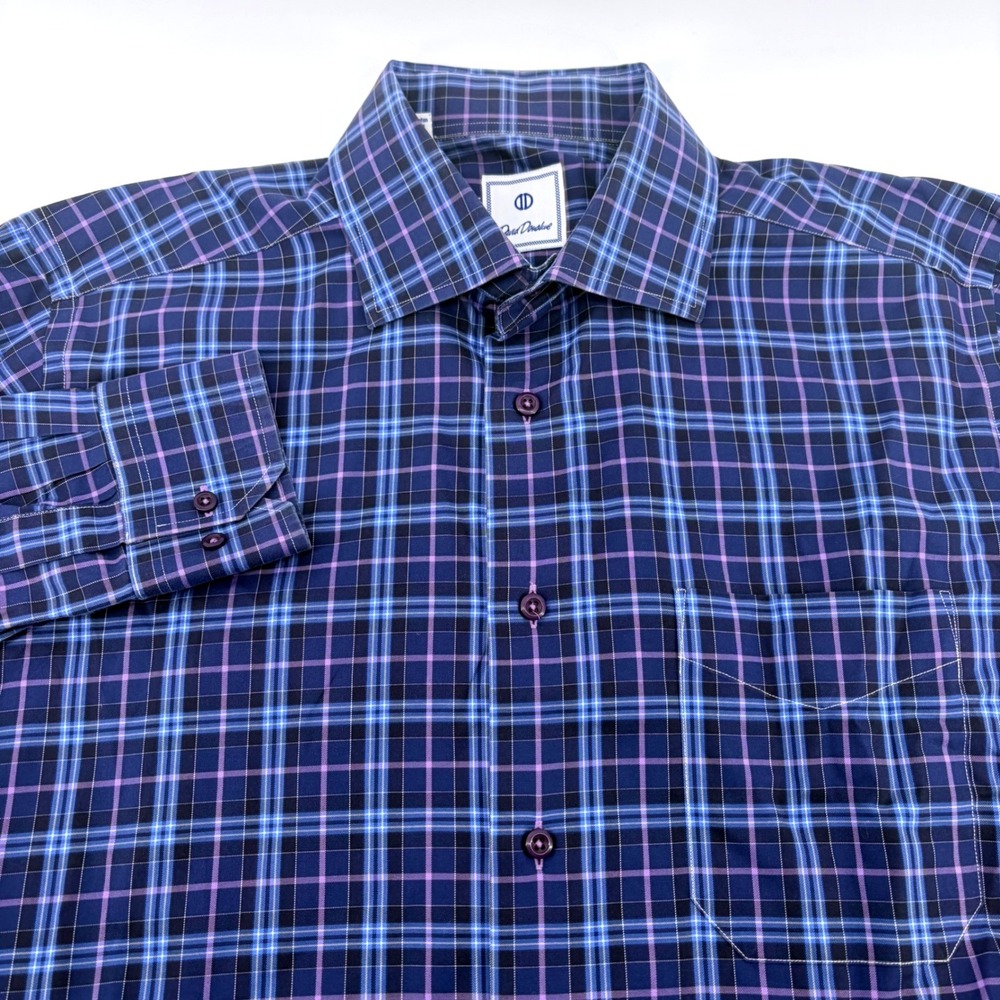 David Donahue Mens Blue Purple Plaid 100% Cotton Long Sleeve Dress Shirt Large